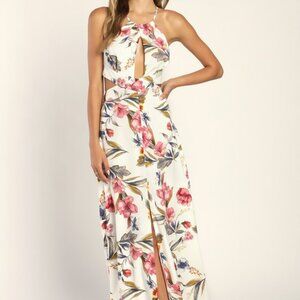 Lulus Blossoming Hours Ivory Floral Keyhole Backless Halter Maxi Dress White